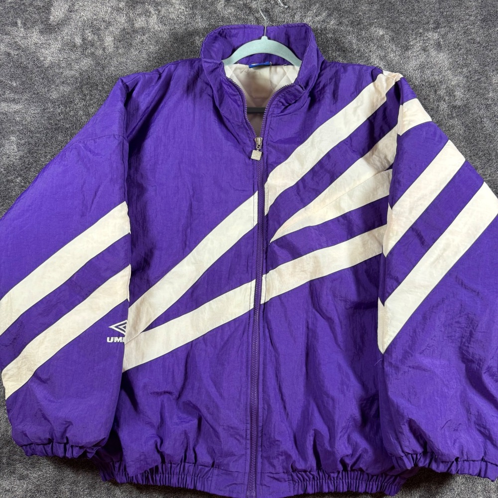 Vintage Umbro Puffer Jacket Purple White Striped Quilted Lined Mens Large
